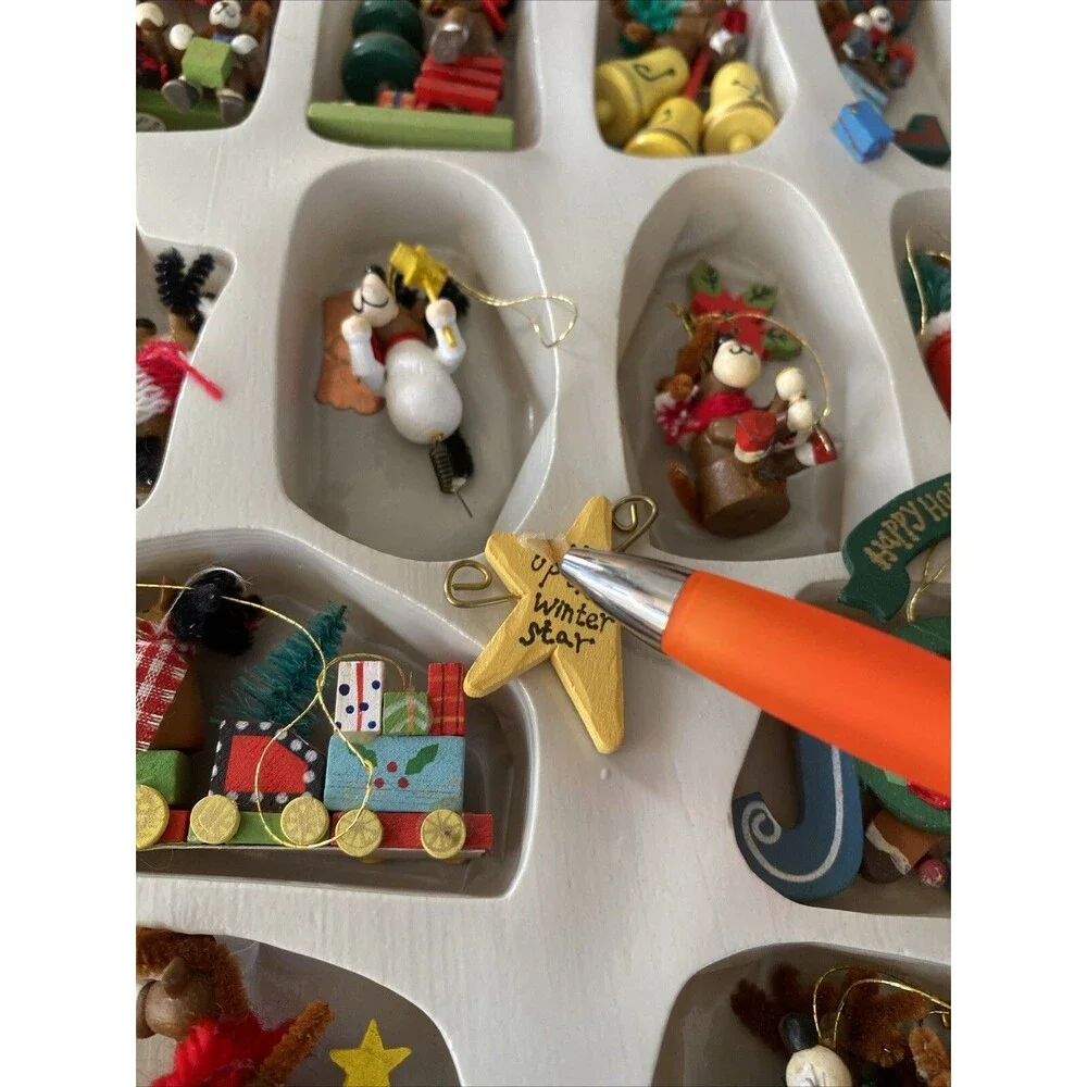 12 Vintage Painted Wooden MOOSE THEMED Christmas Ornaments Bottle Brush Animals